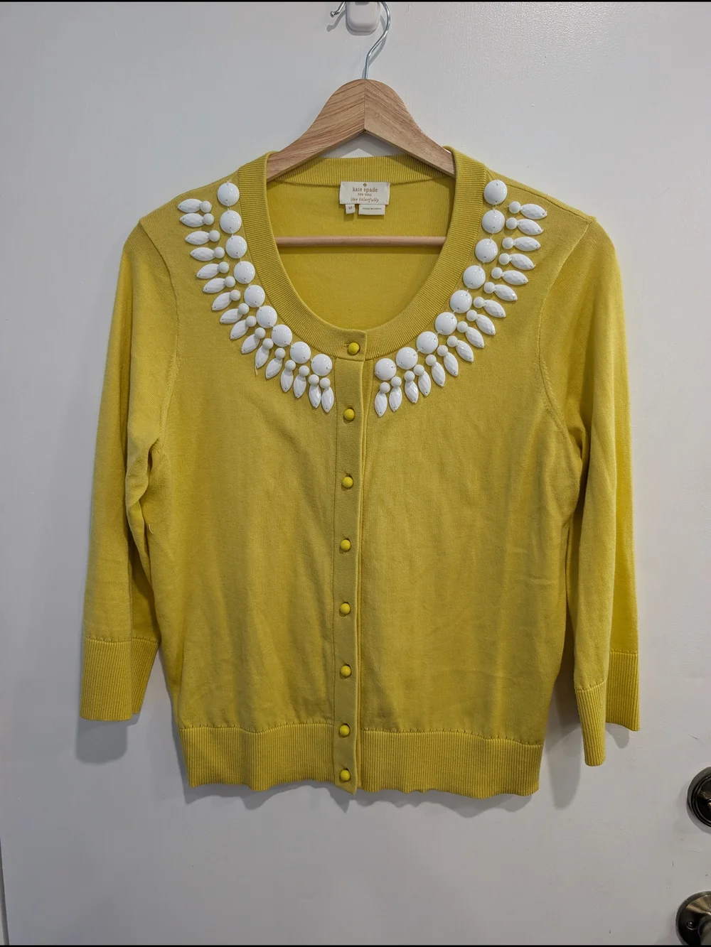Kate Spade Kati Cardigan Scoop-Neck Yellow 100% Cotton Beading Size Medium